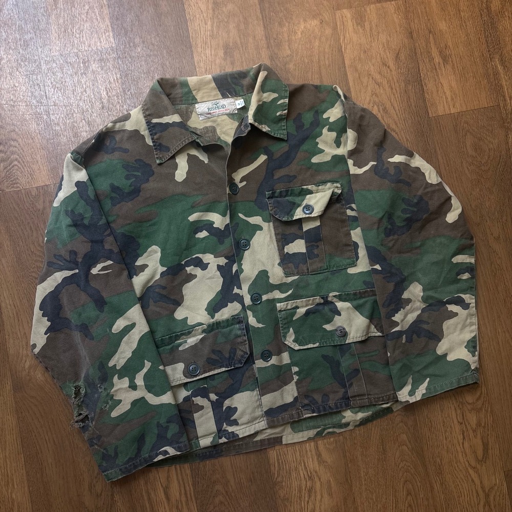 Vintage 1990's Red Head Woodland Camo Boxy Distressed Chore Button Up Shirt